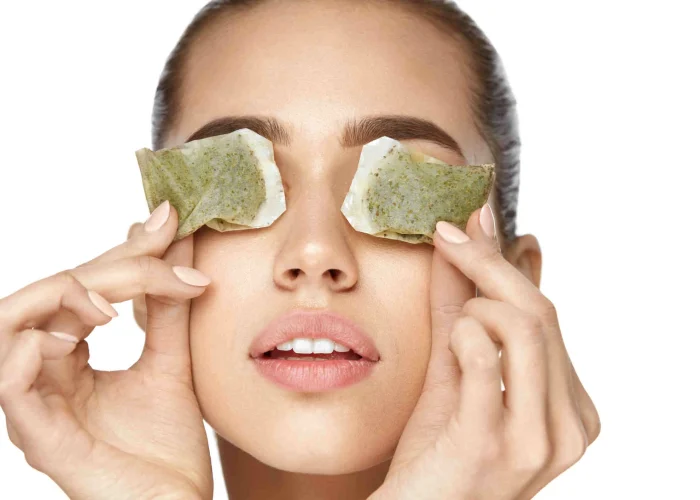 woman uses tea bags to reduce the eye bags