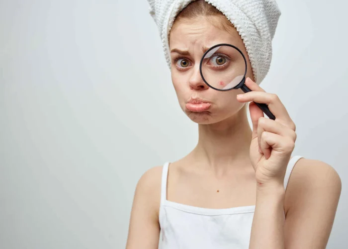 Young woman is looking the way to get rid of pimples