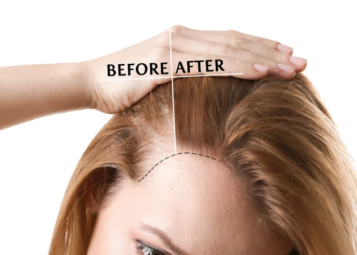 Young lady before and after applying hair loss treatment